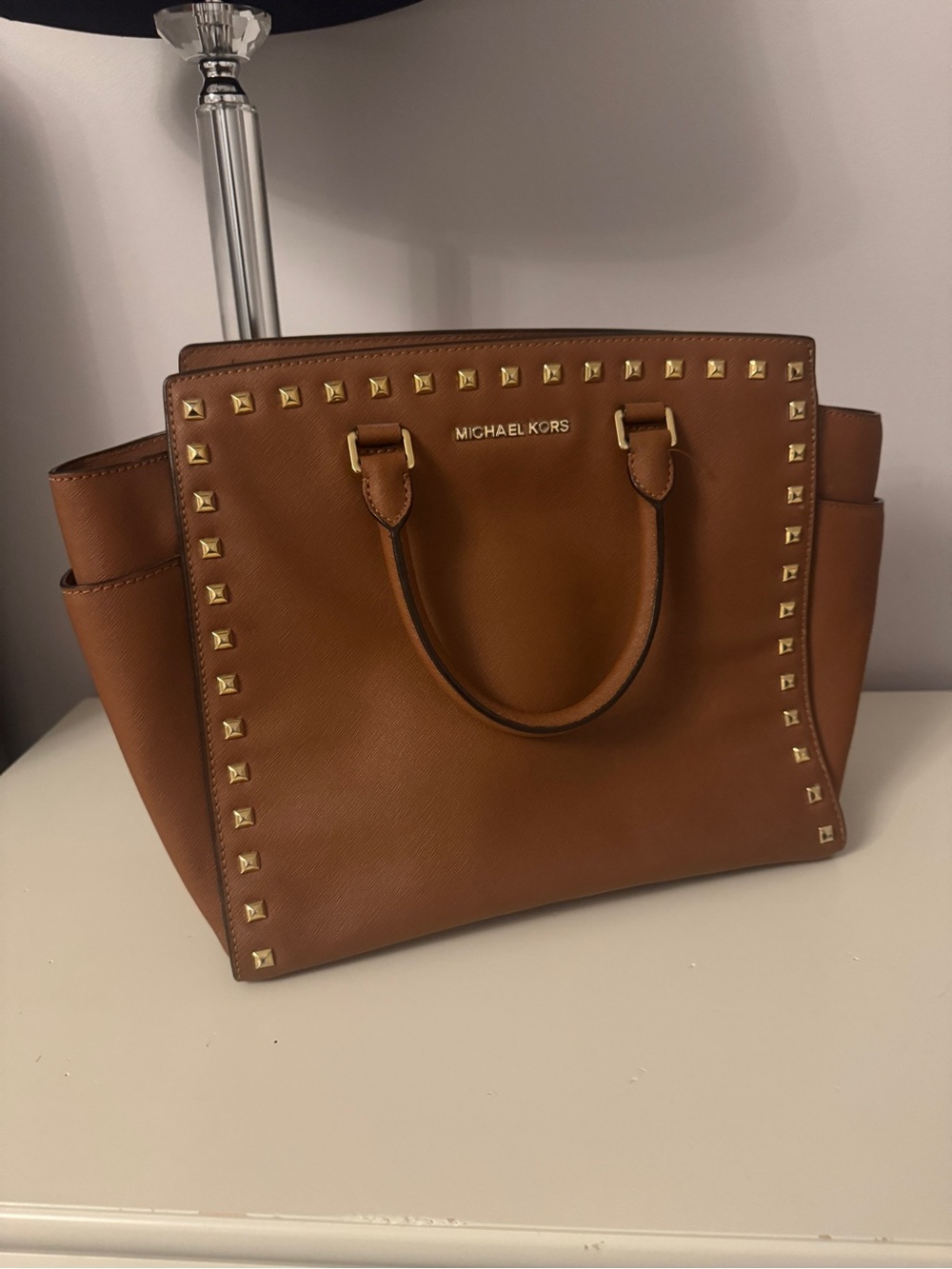 Michael Kors Cognac Studded Saffiano Leather Crossbody Tote
